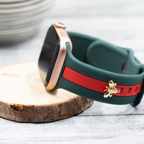 Apple Watch Band, Green and Red Stripes Silicone Strap w/ Bee Stud 40/41/44/45 - Picture 6 of 6